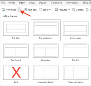 Image showing arrow pointing to dropdown menu for formatted slide options in Powerpoint. Red X placed on "Blank" option to indicate that it should not be selected.